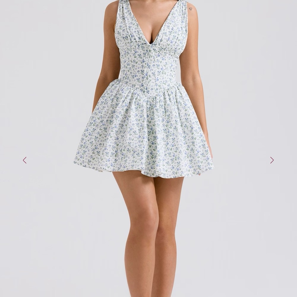 House of CB Blue Fabrizia White Bluebell Print Corset Mini Dress Sz M NWOT - Picture 2 of 7